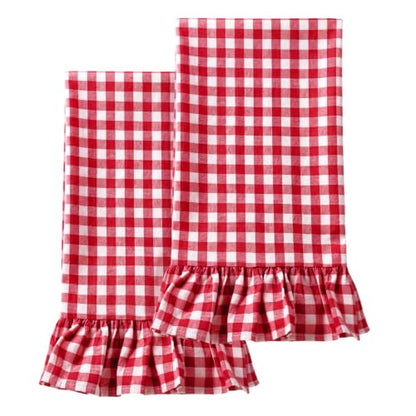 HunnmingRe Red Kitchen Towels Set of 2, 100% Cotton Ruffled Gingham Dish Towels 18"x28" Tea Cloths Classic Plaid Pattern for Farmhouse Charm, Drying Dishes, Entertaining Guests - color: Red, style: Gingham