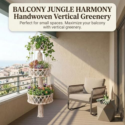 2 Pack Cotton Rope Hanging Fruit Basket - 3 Tier Storage Organizer for Kitchen, Macrame Plant Hanger, Decorative Boho Style Produce Holder with Hooks and Screws for Plants, Vegetable, Onion, Potato