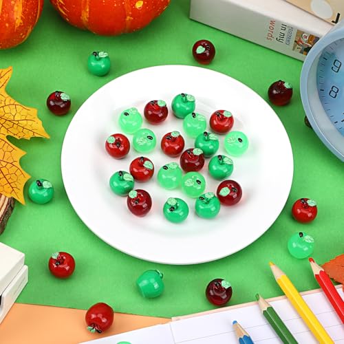 JUNEBRUSHS 50 Pcs Mini Resin Apples Red Green Tiny Apples Figurines | Artificial Fall School Crafts Ornaments for Vase Filler, Party Supplies, Home School Table Decor - style: Apple Style