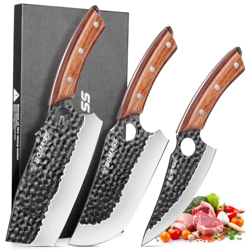 3PCS Butcher Knife Set, Hand Forged Kitchen Chef Knife Set Gift | Meat Cleaver Knife Viking Boning Knife for Home, Outdoor Camping BBQ High Carbon Steel Japanese Knives, Gift for Men Father - size: 6.7"