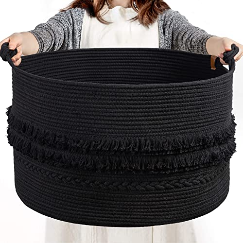 90L Large Woven Rope Blanket Basket with Tassel, 22" x 14", Black | Boho Basket for Toys, Clothes & Pillows Storage, Fits Bedroom Living Room Home Décor, Laundry Hamper with Knotted Handles - color: Black, size: 83L (22"W x 14"H)