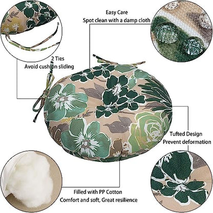 Magpie Fabrics 15" Round Bistro Seat Cushions with Ties, Set of 2, Waterproof All Weather Tufted 4" Thick Patio Chair Pads for Home Garden Dining Metal Stool - Green Floral - color: A Green Floral