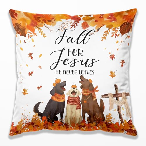 Christian Fall Dog Pillow Covers 18x18, Farmhouse Autumn Decor, Fall for Jesus He Never Leaves Pumpkin Autumn Maple Leaves Funny Puppy Decorative Throw Pillow Covers for Home Bedroom Living Room - color: 07 Color