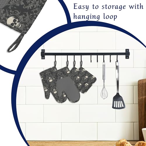 Gothic Black Skull Pot Holders and Oven Mitts Set Silicone Halloween Skulls Kitchen Gloves Potholders Heat Resistant Washable,Chef Cooking Baking Gifts for Women Men Bakers Lover Cooks - color: Gothic Black Skull,halloween Skulls