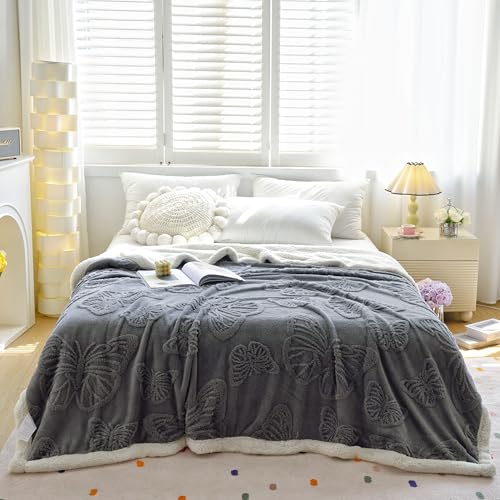 Sherpa Bed Blanket 80 × 90 inch, Ultra Soft Queen Size Throw Blanket for All Season, Cozy Plush Butterfly Fleece Blankets for Bedroom Living Room Dorm Hostel Sofa Camping, Dark Grey - color: D-dark Grey, size: 80x90 inch