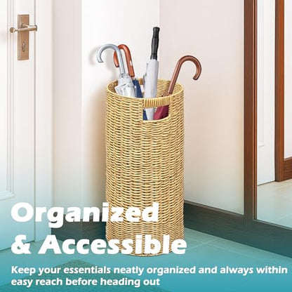 Rattan Umbrella Holder 21" H X 10" D, Handmade Wicker Umbrella Stand Indoor with Dip Tray, Sturdy Umbrella Holders for Entryway, Umbrella Bucket Fits Mudroom,Walking Canes,Home,Office (Oak) - color: Oak