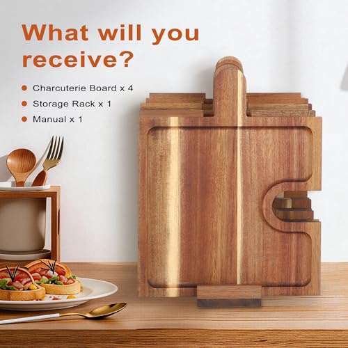 Wooden Charcuterie Boards Set of 4, Puzzle Serving Trays with Stand | Made from acacia wood,4-piece interlocking design,portable,18 inch ideal for charcuterie,snacks,appetizers,party & gatherings - size: 11.8" x 9" x 1"