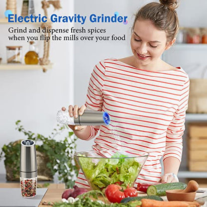Gravity Electric Salt and Pepper Grinder Set, Battery Powered LED Light One Hand Automatic Operation, Adjustable Coarseness Mill Grinders Shakers Black (G.Silver 1p)