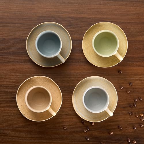 KooK Espresso Mug and Saucer Set, Ceramic Cups and Plates with Rustic Organic Shape and Feathered Texture, Dishwasher and Microwave Safe, Set of 4, Neutral Multicolor (5.5 Oz) - size: 5.5 Oz