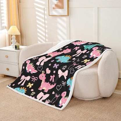 Cute Dino Kids Fleece Blanket,Kawaii Bowknot Heart Princess Style Throw Blanket for Adult,Pink Black Dinosaur Cartoon Animal Lightweight Polyester Sofa Sherpa Blanket, Queen (90 x 90 Inch) - color: 01 Black Pink, size: Queen
