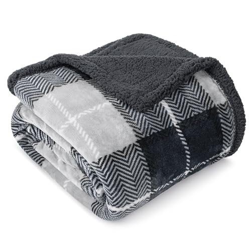 PAVILIA Plaid Sherpa Throw Blanket for Couch Sofa Bed, Dark Grey, 50x60 | GSM 460; Soft Plush Flannel Fleece; Warm&Cozy for Home; Machine Washable, Perfect Cabin Decor Winter Holiday Christmas Gift - color: Plaid Charcoal, size: 50 x 60 Inches
