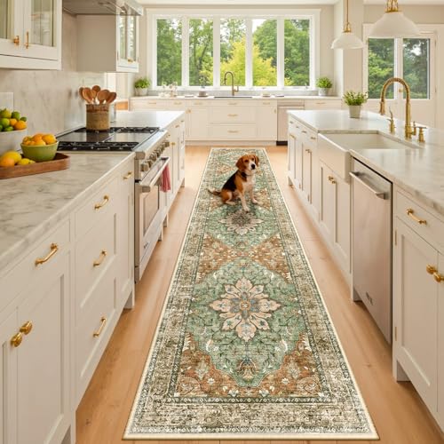 RELEANY Washable Vacuum-Friendly Area Rugs Runner 2'x10' Brick/Brown/Green | Low Pile Stain-Resistant, Soft Non-Slip, Floral Vintage Distress Print Pattern Medallion, for Living Room Bedroom Hallway - color: Brick/Brown/Green, size: 2' x 10' (Rectangular)