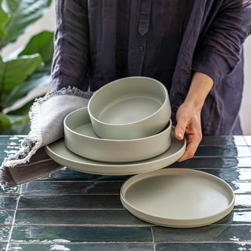 over&back 16-Piece Stackable Dinnerware Dish Set - Stoneware Dishes - Includes 4 Dinner Plates, 4 Salad Plates, 4 Cereal Bowls, and 4 Dinner Bowls - All-Occasion Place Settings - Semi-Matte Sage - color: Sage, size: Dinner Set | 16 Pieces