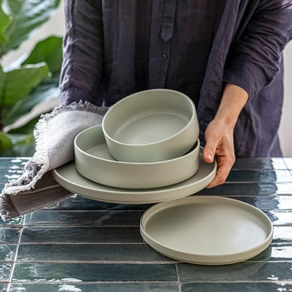 over&back 16-Piece Stackable Dinnerware Dish Set - Stoneware Dishes - Includes 4 Dinner Plates, 4 Salad Plates, 4 Cereal Bowls, and 4 Dinner Bowls - All-Occasion Place Settings - Semi-Matte Sage - color: Sage, size: Dinner Set | 16 Pieces