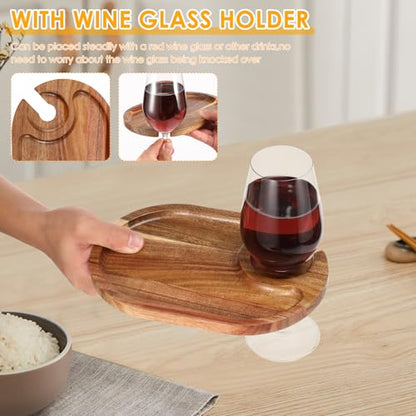 4Pcs Wood Appetizer Plates With Wine Glass Holder, Versatile Sturdy Wood Appetizer Serving Platters for Wine Party Housewarming Party