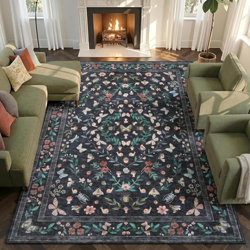 GarveeHome Washable Bug Rugs 5x7 for Bedroom Non Slip Living Room Rugs | Low Profile Botanical Carpet Stain Resistant Foldable Floral Area Rug for Girls Bedroom Nursery Kidsroom Dining Room, Black - color: Black, size: 5'x7'(Rectangular)