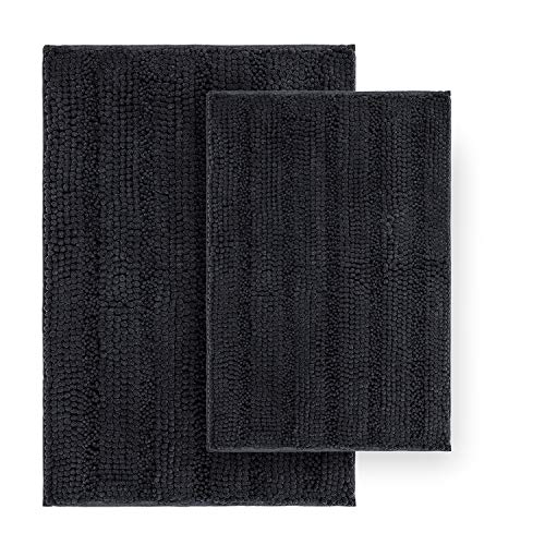 Striped Chenille Bathroom Rugs and Mats Sets, Ultra Soft Chenille Microfiber, Absorbent Non-Slip Machine Washable Bath Rugs, Bath Mat for Bathroom, Shower Mat, Tub, 20"x32" & 18"x24", Black - color: Midnight Black, size: Set of 2 - 20" x 32" + 18" x 24"