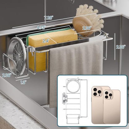 TAILI 4-in-1 Sponge Holder for Kitchen Sink with Strong Suction Cup-Silver | Removable Rustproof 304 Stainless Steel Multi-compartment Sponge Holder with Suction Cup, Keeps Brushes & Scrubbers Tidy - color: Silver, size: 7.28" x 2.36"