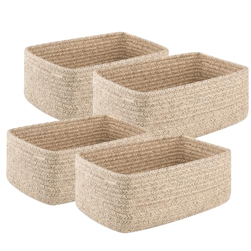 OIASKET 4 Pack Small Storage Shelf Baskets for Organizing, Mini Woven Rope Storage Bins for Towels, Cute Decorative Closet Organizer，Baby Nursery, Gift Empty Baskets -13''Lx8.66''Wx5.11''H-Brown - color: Brown, size: 13"Lx8.66"Wx5.11"H