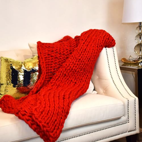 Chunky Knit Blanket (50 x 60 Inches) Warm Soft Cozy for Lounge Sofa & Bedroom, Handmade Knitted Yarn Throw Blanket (Red, 1) - color: Red
