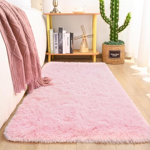 Keeko Fluffy Pink Area Rugs 2x4, Washable Shag Rug for Bedroom Girls Room | Cute Shag Kids Rugs Nursery Living Room Indoor Fuzzy Bedside Rug Ultra Soft Furry Carpet for Teen Baby Dorm Decor - color: Pink, size: 2' x 4' (Rectangular)