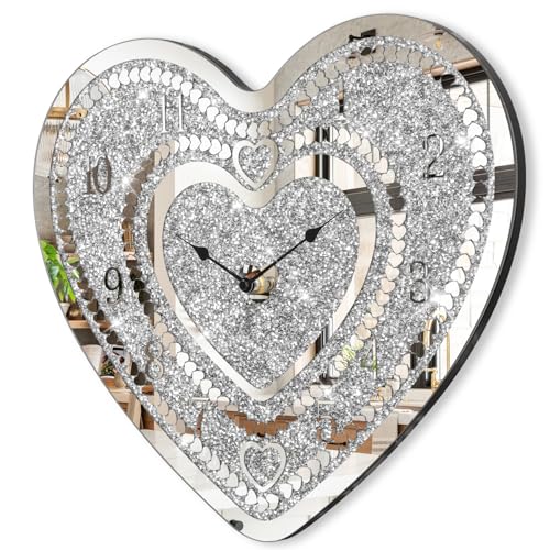 Crystal Wall Clocks for Living Room Decor Heart Shape Silver Diamond Mirrored Wall Clock with Sparkle Twinkle Bling Crushed Diamond for Wall Decoration - style: Heart