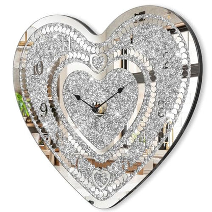 Crystal Wall Clocks for Living Room Decor Heart Shape Silver Diamond Mirrored Wall Clock with Sparkle Twinkle Bling Crushed Diamond for Wall Decoration - style: Heart