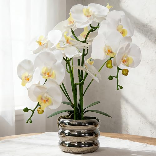 White Real Touch Orchid Artificial Flowers with Vase for Table Centerpieces, Real Touch Faux White Orchid Phalaenopsis in Ceramic Pot for Home Wedding Kitchen Decoration (Silver Vase, White) - color: Silver Vase, White