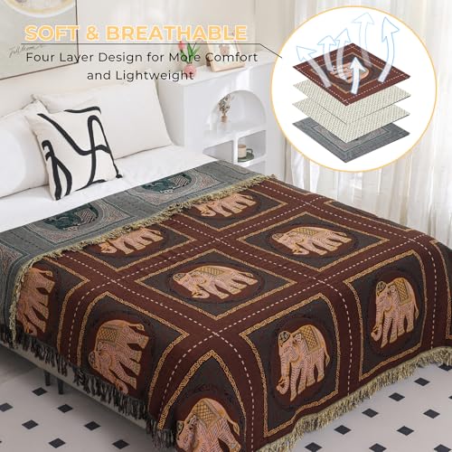 Elephant Pattern Boho Throw Blanket for Bed Couch 60"×80" Brown | 4-Layer Gauze Breathable Reversible Muslin Blanket,Soft Lightweight All Season Quilt with Fringe,Multi-purpose Blanket - color: Brown Elephant, size: 60''x80''