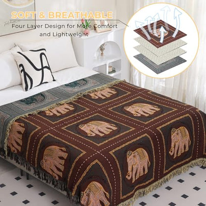 Elephant Pattern Boho Throw Blanket for Bed Couch 60"×80" Brown | 4-Layer Gauze Breathable Reversible Muslin Blanket,Soft Lightweight All Season Quilt with Fringe,Multi-purpose Blanket - color: Brown Elephant, size: 60''x80''