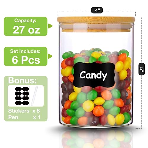 Gencywe Glass Storage Jars with Airtight Bamboo Lid, 27 OZ Food Storage Jar with Labels, Airtight Glass Canisters, Clear Kitchen Container for Candy, Cookie, Rice, Coffee Beans, Snacks, Spices
