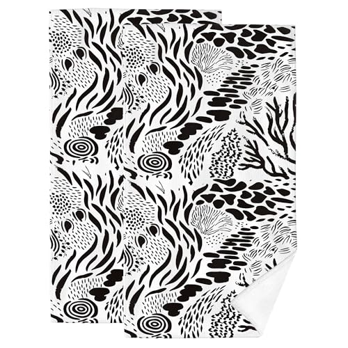 Black and White Hand Towels for Bathroom 14x28 Inch, Tropical Leaf Vintage Decorative Bath Towels Set of 2 for Farmhouse Gym Kitchen Hotel Home Bathroom Decor Accessories Gifts - color: White Black