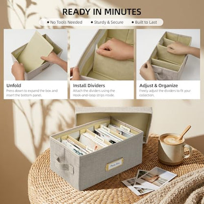 Collapsible Photo Storage Box, Adjustable Dividers - Beige, 28cm | Holds 850 Photos, Hook & Loop Dividers, Handle, Label Stickers - color: Beige, size: 11.22"x6.89"x5.12"