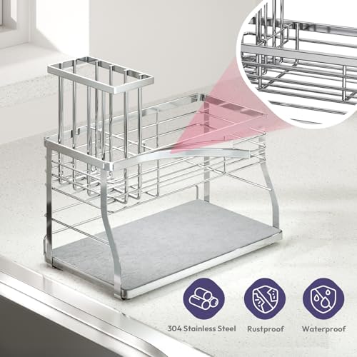 SWTYMIKI Kitchen Sink Caddy Organizer, 2 Tier Sponge Holder for Kitchen Sink with Instant Drying Stone, Removable Brush Holder for Fast Drying on Countertop, Silver - color: Silver-2 Tier