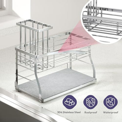 SWTYMIKI Kitchen Sink Caddy Organizer, 2 Tier Sponge Holder for Kitchen Sink with Instant Drying Stone, Removable Brush Holder for Fast Drying on Countertop, Silver - color: Silver-2 Tier