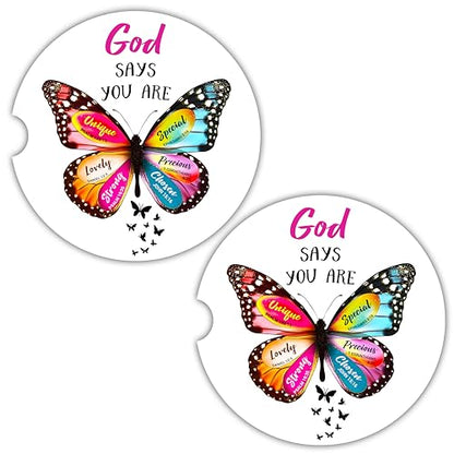 Christian Car Coasters for Cup Holders - 2 Pack Cute Butterfly Bible Verses Car Accessories for Women, Inspirational Faith Decor, Absorbent Ceramic Cup Holder Coaster for Car, Scripture Religious Gift