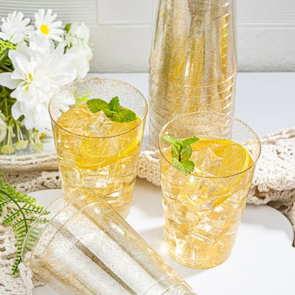 I00000 50 Pack 12 oz Gold Glitter Cups, Premium Clear Disposable Gold Cups | Gold Plastic Wine Glasses, Cocktail Glasses, Heavy Duty, Elegant Glitter Plastic Tumblers for Birthday, Wedding & Party - color: Glitter-12oz-50