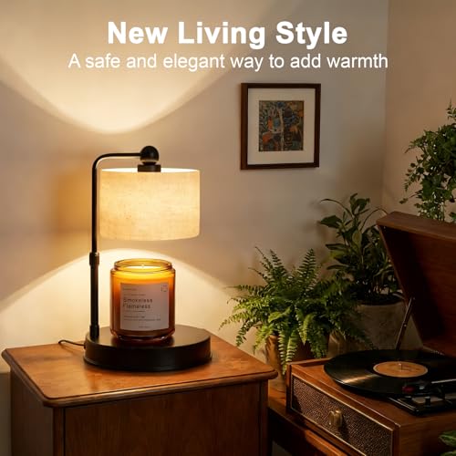 Candle Warmer lamp for 3 Wick Candles, Large Candle Warmer Lamp with Timer, Dimmable, Adjustable Height, Modern Farmhouse Linen Shade, Black Candle Warming Lamp, 2 Bulbs Included - color: Flaxen-Large