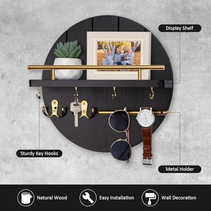Nekon Wall Mount Key Holder, 11.8 Inch Rack With Shelf and 6 Hooks, Rustic Mail Organizer, Circular Wooden Hanger for Entryway Hallway Kitchen (Black&Gold) - color: Black&Gold