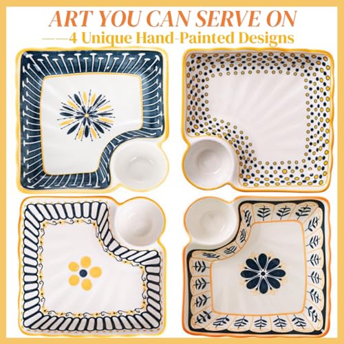 Noamus 4 Pack Dumpling Plate with Dipping Saucer, 7.5" Ceramic Japanese Sushi Platter, Colorful Square Serving Plate with Dish for Home Kitchen, Snack Dessert Salad Fries Fruit Gyoza