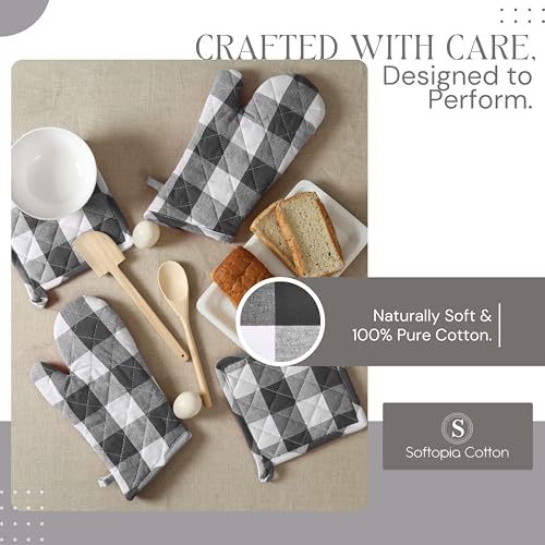 Oven Mitt & Pot Holder Buffalo Plaid Check 100% Cotton Heat Resistant Oven Gloves (7"x13") & Hot Pads (8"x8") Combo for Baking, Cooking - Grey - color: Grey Buffalo Plaid