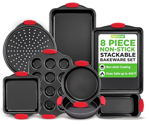 NutriChef Non-Stick Kitchen Oven Baking Pans-Deluxe & Stylish Nonstick Gray Coating Inside Outside, Commercial Grade Restaurant Quality Metal Bakeware with Red Silicone Handles NCSBS8S, 8 Piece Set - size: 8-Piece Set
