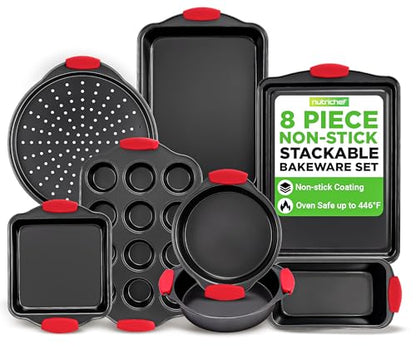 NutriChef Non-Stick Kitchen Oven Baking Pans-Deluxe & Stylish Nonstick Gray Coating Inside Outside, Commercial Grade Restaurant Quality Metal Bakeware with Red Silicone Handles NCSBS8S, 8 Piece Set - size: 8-Piece Set