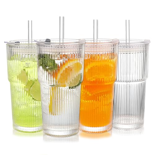 Ribbed Glass Tumbler with Lids and Straws, Vintage Clear Glass cups, Large capacity, Unbreakable, Fluted Design, Ideal for Travel, Iced Coffee,Smoothie, Tea, Latte, Gift (4pc 20oz) - size: 4pc 20oz