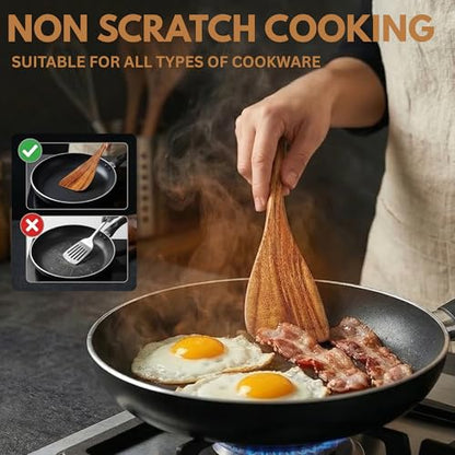 DADU BADU Teak Wooden Utensil Set of 10 – Non-Toxic Cooking Spoons & Spatulas for Nonstick Pans – Includes Pasta Spoon, Ladle, Skimmer – Premium Wood Kitchen Gift Set with Holder | Non-Toxic Cooking Spoons & Spatulas, for Nonstick Pans, Includes Pasta Spo