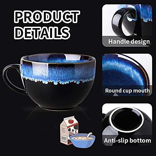 KOOV Ceramic Soup Mug, Soup Bowls with Handles Microwave Safe, 24 Ounce Jumbo Mug and Cereal Mugs Set of 4, Reactive Glaze (Nebula Blue) - color: Nebula Blue