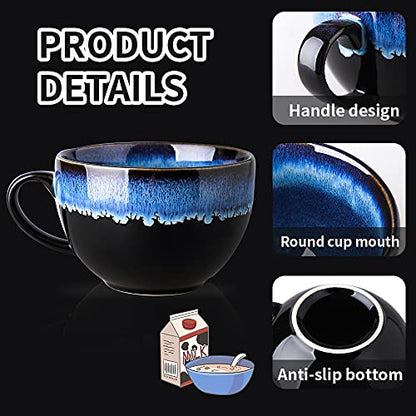 KOOV Ceramic Soup Mug, Soup Bowls with Handles Microwave Safe, 24 Ounce Jumbo Mug and Cereal Mugs Set of 4, Reactive Glaze (Nebula Blue) - color: Nebula Blue