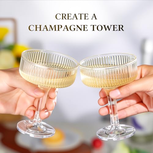 Goodluck 4-Tier Champagne Tower - 20PCS 7oz Clear Plastic Champagne Flutes | Plastic Coupe Glasses with Vertical Stripes for Weddings, Celebrations, Parties & Birthdays - color: Clear