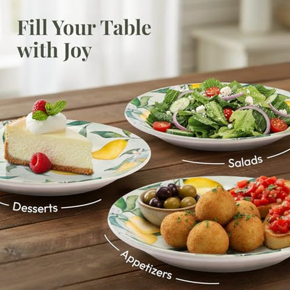 Bico Lemon Dreams Salad Plates Set of 4, 8.75 Inch Ceramic Dessert Plates for Salad, Appetizer, Side Dishes, Microwave and Dishwasher Safe, Gift for Housewarming and Thanksgiving - color: Lemon Dreams