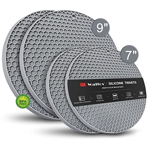 Silicone Trivet Mats - Walfos Heat Resistant Pot Holders Set, 4pcs 2 Sizes 7 Inch & 9 Inch, Multipurpose Non-Slip Hot Pads for Hot Pot, Hot Dishers, Jar Opener, Food Grade & BPA Free (Nordic Grey) - style: 7+9in, 4 Nordic Grey Round